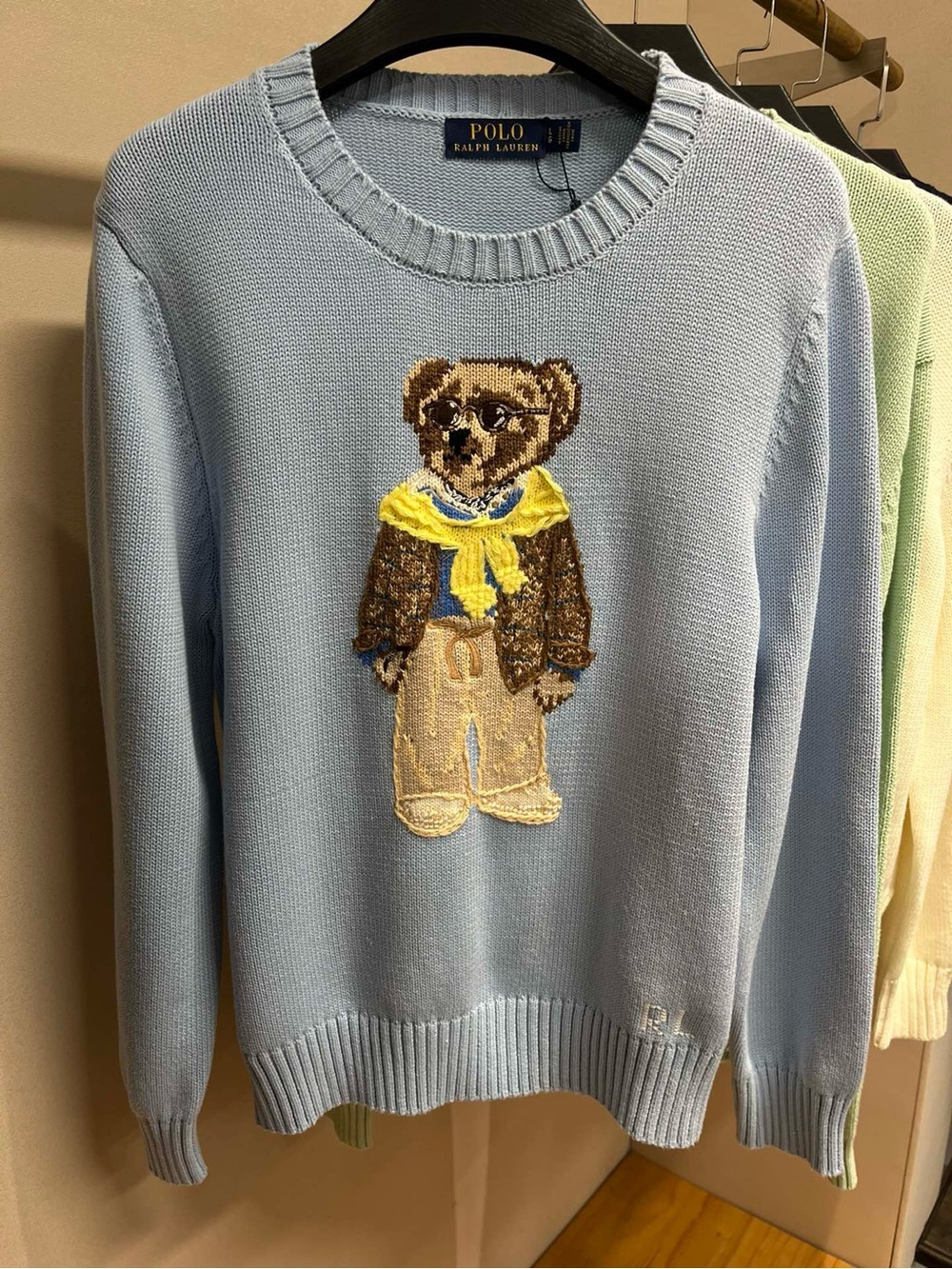 Polo by Ralph Lauren Baby Blue Crewneck Sweater with Teddy Bear Embroidery